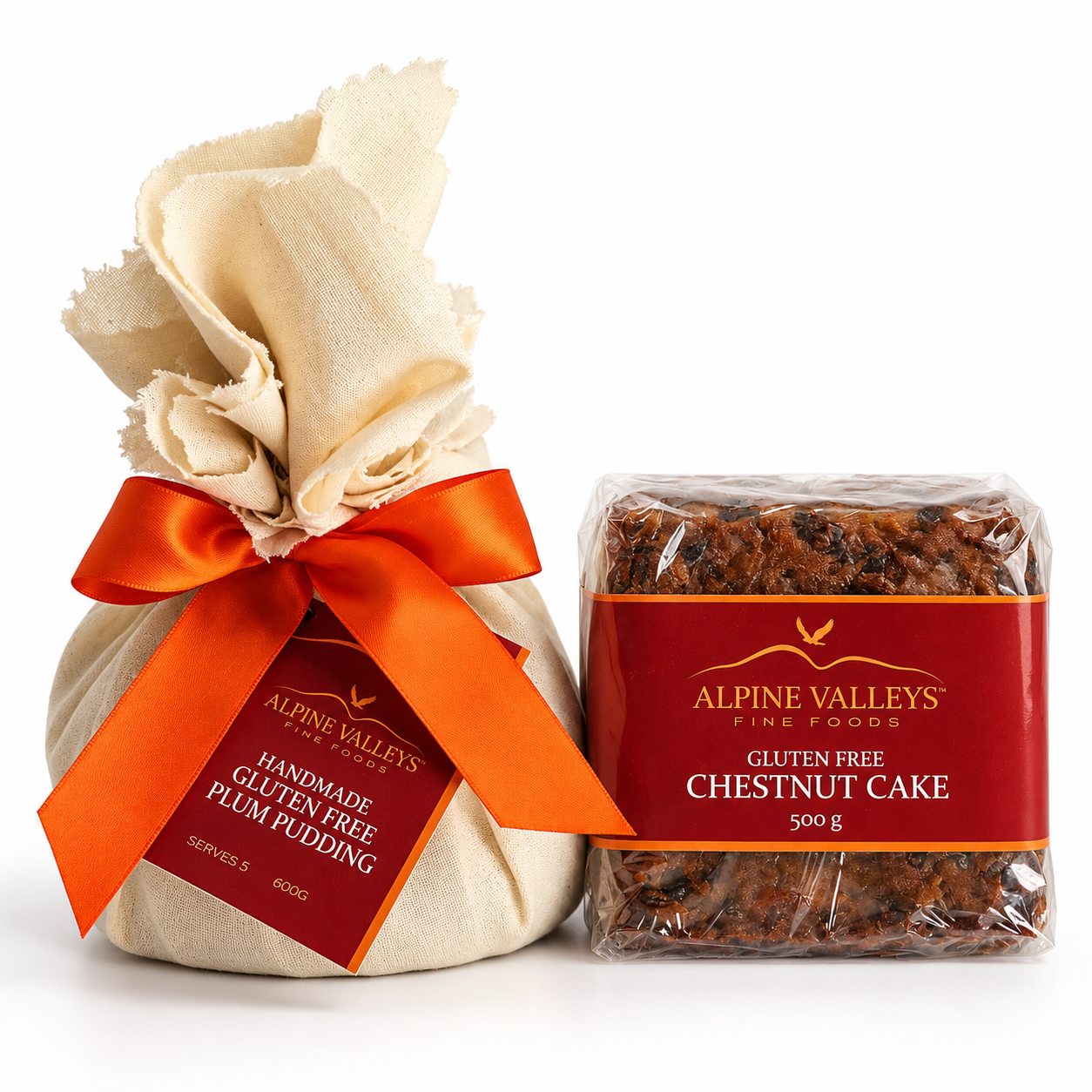 Alpine Valleys Fine Foods Gluten-Free Christmas Duo featuring handmade Gluten-Free Plum Pudding 600g with orange ribbon and Gluten-Free Chestnut Cake 500g.