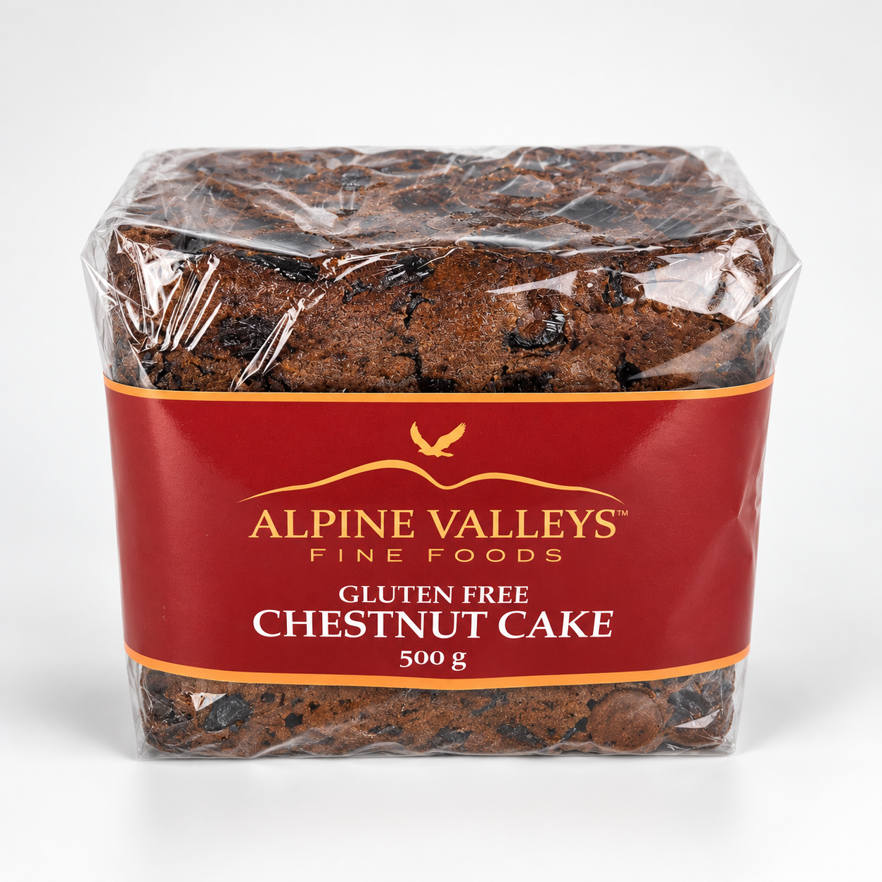 Alpine Valleys Fine Foods Gluten Free Chestnut Cake 500g, handmade fruit and chestnut cake wrapped in clear packaging with a red and gold branded label.