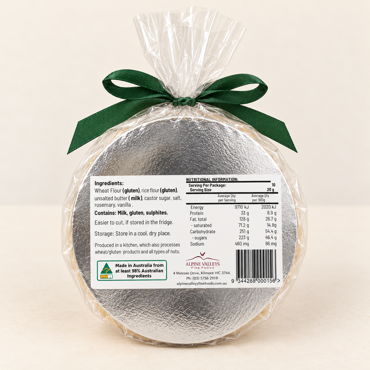 Bottom view of Alpine Valleys Fine Foods Handmade Rosemary Shortbread 200g in clear packaging, showing the ingredients, nutritional information, allergen details and barcode label.