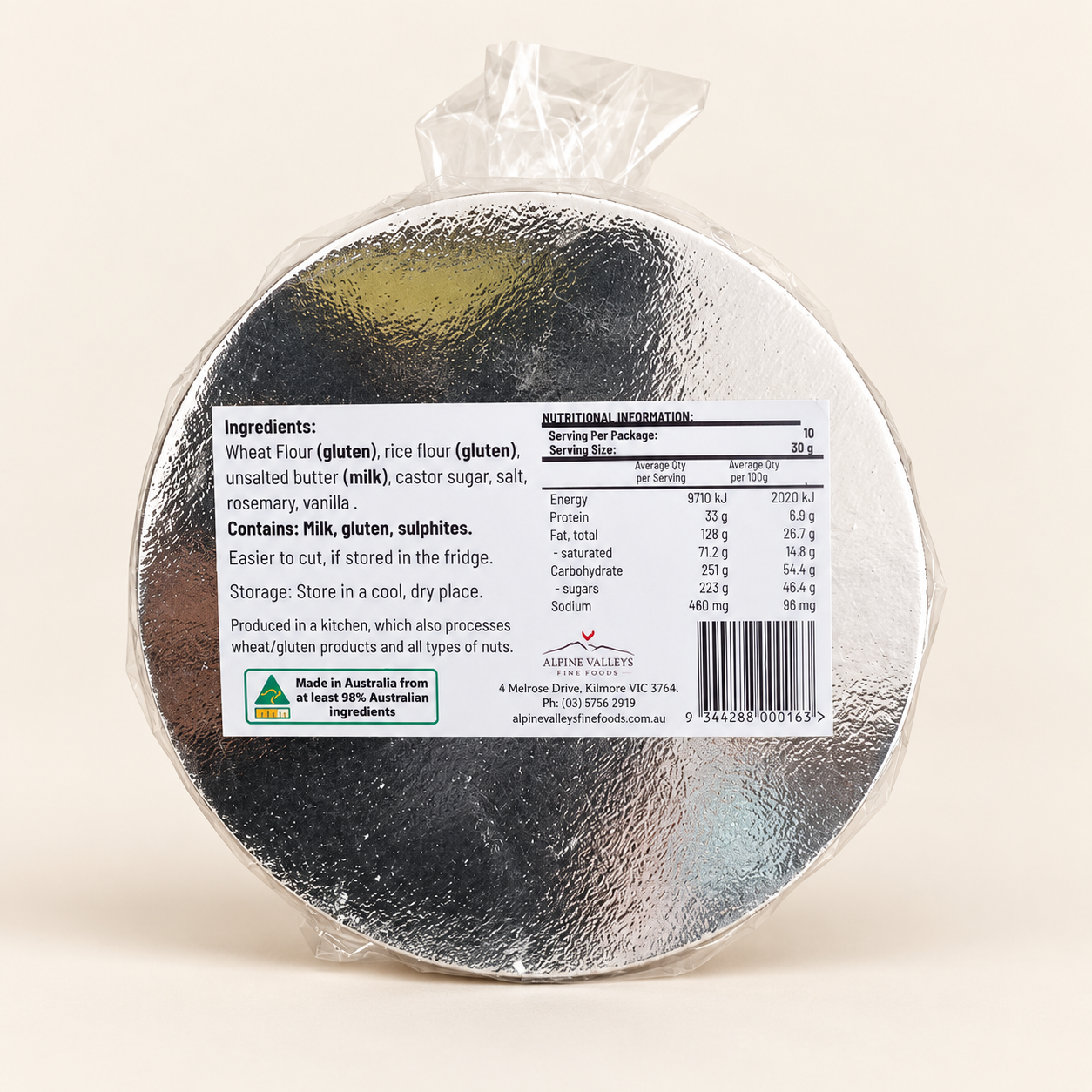 Bottom view of Alpine Valleys Fine Foods Handmade Rosemary Shortbread 300g in clear packaging, showing the ingredients, nutritional information, allergen details and barcode label.