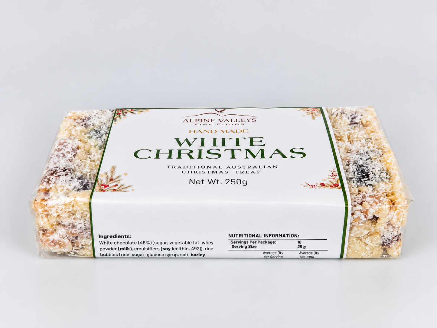 Angled view of Alpine Valleys Fine Foods Handmade White Christmas 250g in clear packaging, showing product shape and wrap detail.