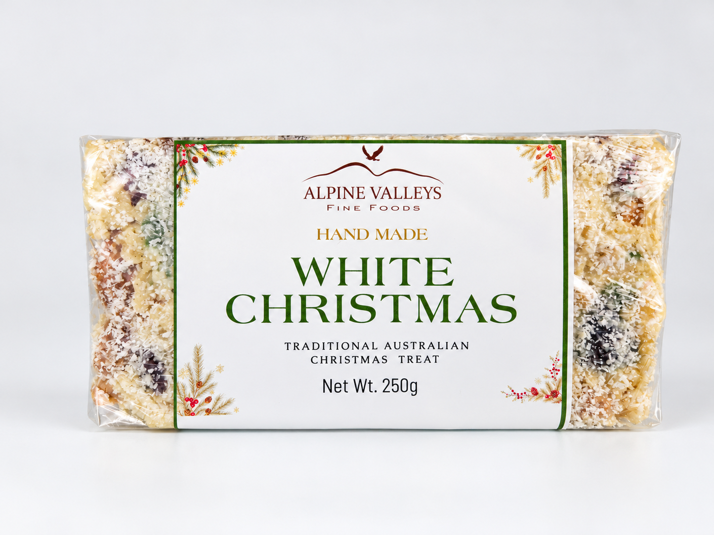 Front view of Alpine Valleys Fine Foods Handmade White Christmas 250g, a traditional Australian Christmas treat in clear wrap with front label.
