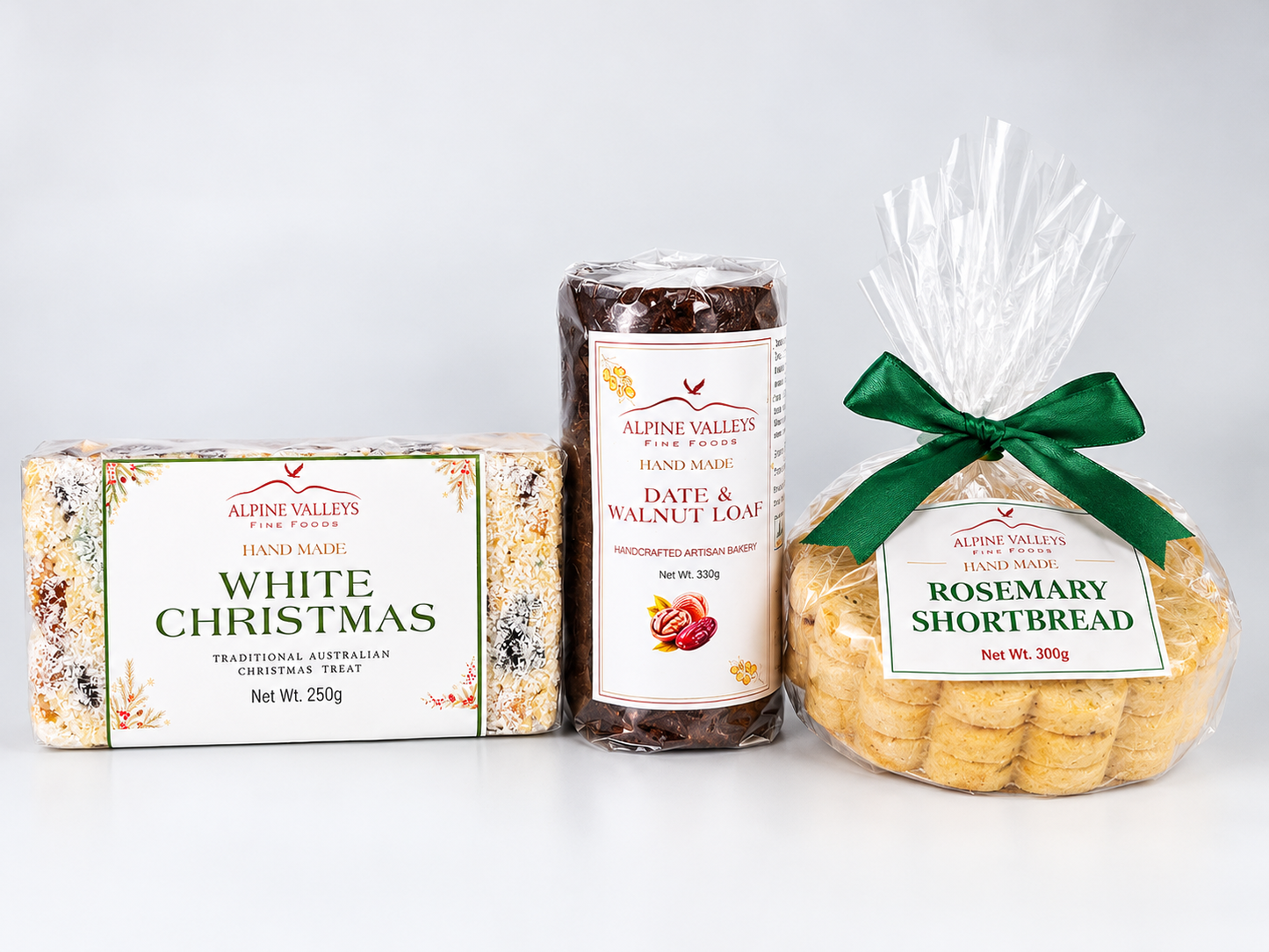Alpine Valleys Fine Foods New Season Discovery Bundle featuring handmade White Christmas 250g, Date & Walnut Loaf 330g and Rosemary Shortbread 300g.