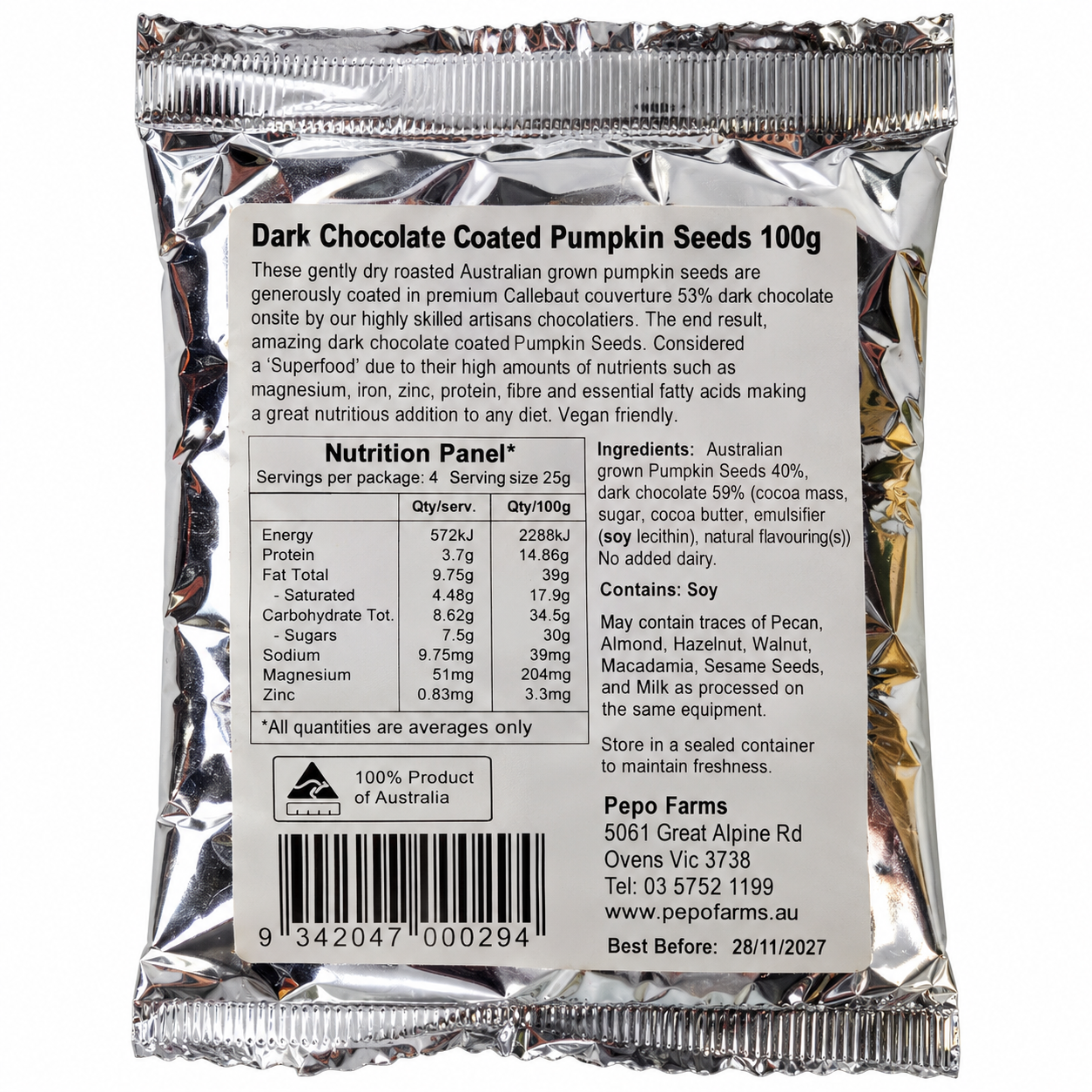 Pepo Farms Dark Chocolate Coated Pumpkin Seeds - Size 100 g