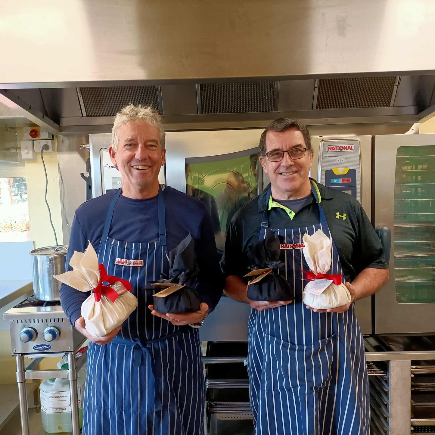 Chris and Lionel in the Kilmore kitchen, handmade Christmas puddings and cakes, Alpine Valleys Fine Foods, Victoria