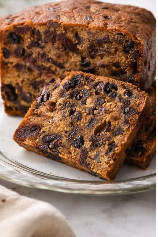 Rich fruit cake slice with visible dried fruits and soft moist texture