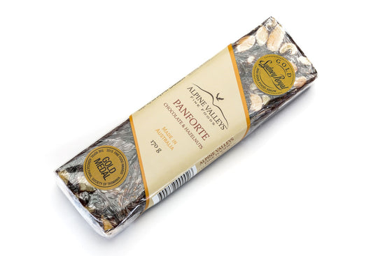 Chocolate & Hazelnut Panforte 170 g – gold medal festive artisan cake with dark chocolate, figs, hazelnuts, walnuts and spices. Perfect for Christmas hampers and gifting.