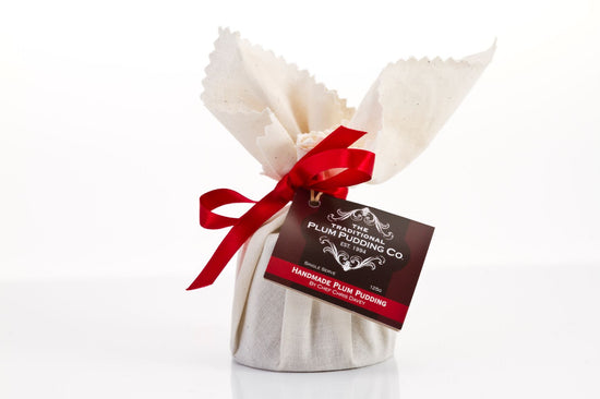 Traditional Christmas Plum Pudding 125 g – handmade festive single-serve pudding with brandy, vine fruits and spices. Perfect for hampers and gifting.